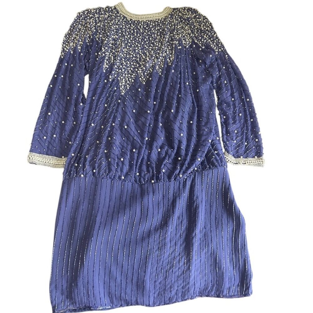 VINTAGE 80's Rare Judith Ann 100% Silk Pearl Beaded Sequins Dress Size Small